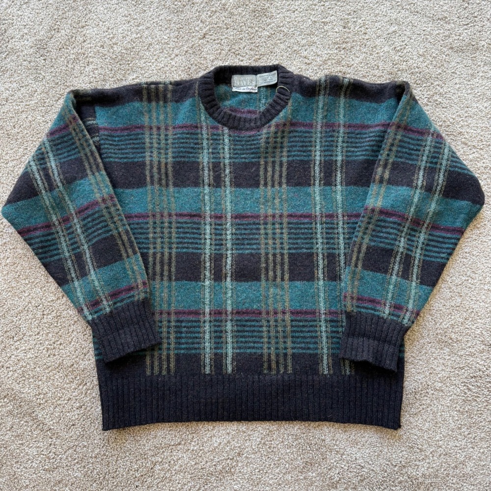 Christopher Hayes Sweater Men Large Plaid 100% Wool Shetland Made in England